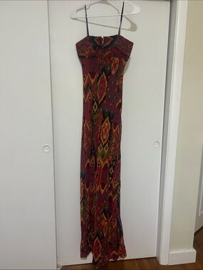 David Meister Red and Green Printed Strap Maxi Dress